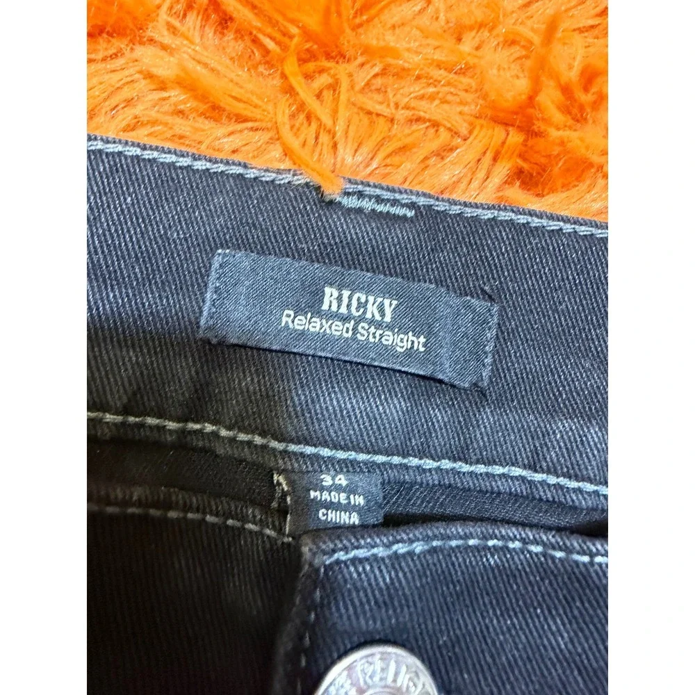 True Religion Ricky Relaxed Straight Black Jeans Mens 34 Horseshoe Stitch